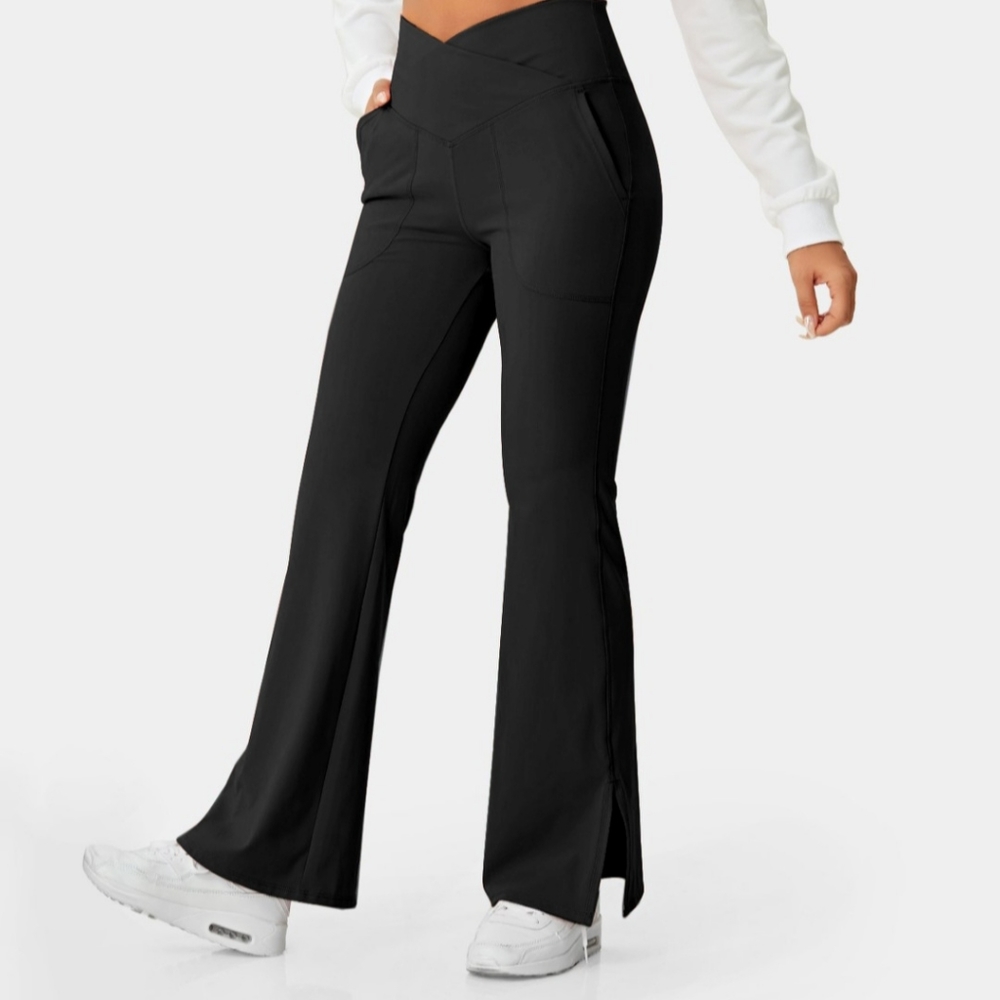 Halara Crossover Pocket Split Hem Full Length Flare Leggings